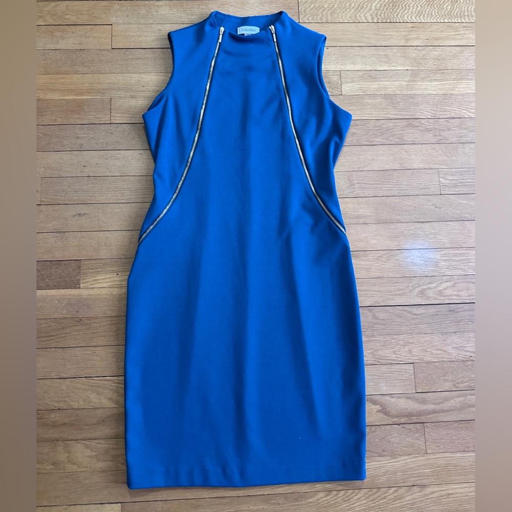 Calvin Klein Blue Sheath Dress with Gold Zippers